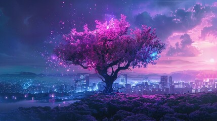 Wall Mural - a tree with a purple and blue sky and a city in the background Binary Blossoms A Surreal Digital
