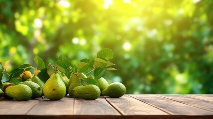 Wall Mural - Fresh green pears on wooden table with lush foliage background or a bunch of avocados sitting on a light brown wooden table with blurring background. Natural food and healthy diet concept. AIG35.