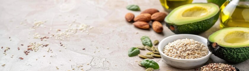 Wall Mural - Healthy food ingredients including avocados, almonds, seeds, and oils on a light marble background. Perfect for nutrition and wellness themes.