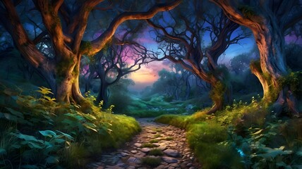 magical night, fairy tale forest. Wallpapers or background art created with artificial intelligence