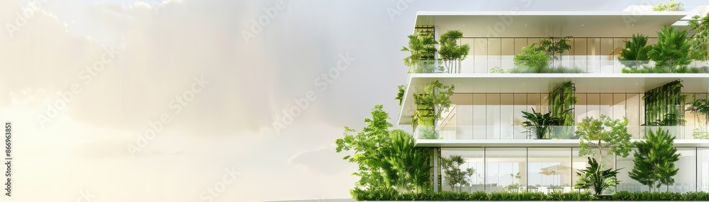Modern eco-friendly apartment building with lush greenery and spacious ...
