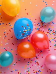 Poster - A close-up image of colorful balloons and confetti on a pink background, ideal for celebrating special occasions or promoting party supplies. Generative AI