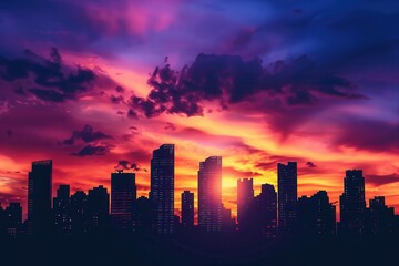 Silhouettes of skyscrapers against a dramatic sunset sky. Generative AI