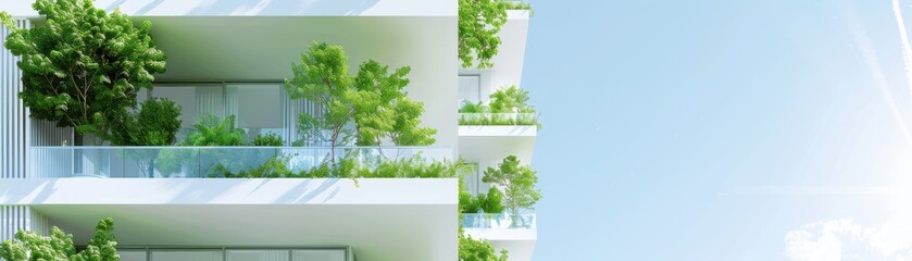 Modern green residential building with plants on terraces against a clear blue sky, showcasing eco-friendly architecture and urban living.