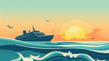 Wall Mural - A minimalist silhouette of a sailboat cruising on the ocean at sunset. The image is perfect for companies offering sea travels and yachting. Generative AI