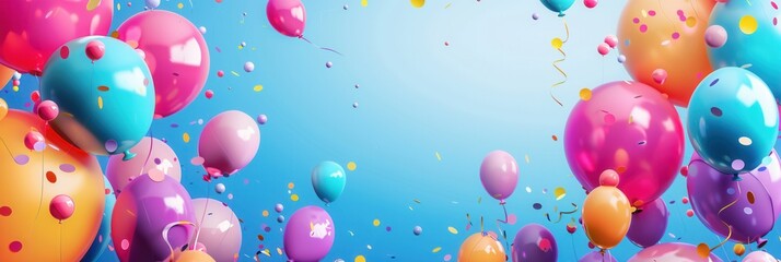 Poster - A cheerful backdrop of colorful balloons floating against a bright blue sky. Perfect for party decorations, celebrations, and festive events. Generative AI