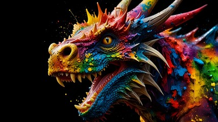 A dragon with a bright tone of colors on the face and mouth on black ocher background..