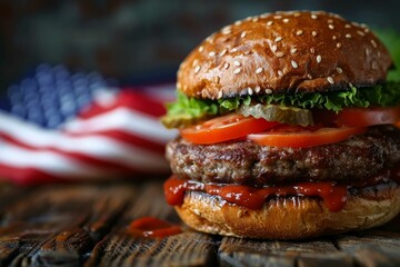 Delicious american burger with beef, tomato, salad and pickles lying on wooden table with american flag in background