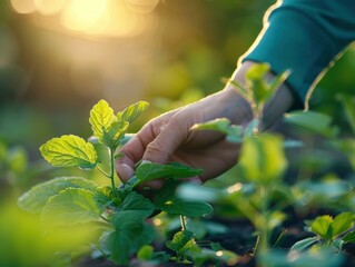 Wall Mural - A person's hand gently touching the leaves of a plant. AI.