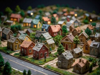 Canvas Print - A miniature model of a town with colorful houses and trees. AI.