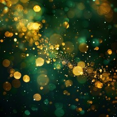 Wall Mural - Glowing green and gold particles floating in a dark background. AI.
