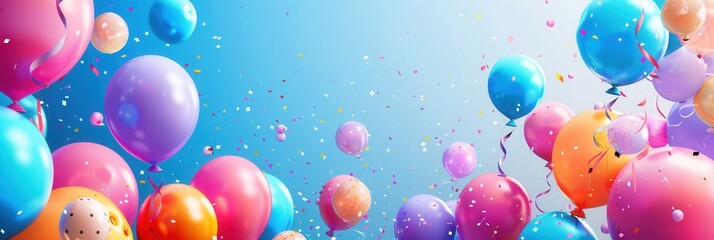 Poster - A bright and cheerful background image featuring a variety of colorful balloons and confetti, perfect for events and celebrations. Generative AI