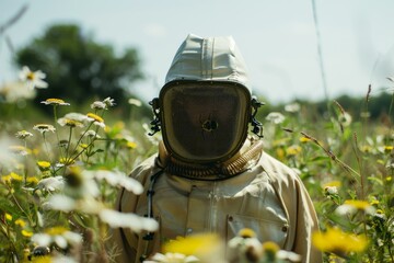Wall Mural - Beekeeper is standing in a field of flowers while wearing a protective suit