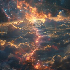 Wall Mural - ai illustration of a surreal scene of a person walking on a glowing path through the clouds