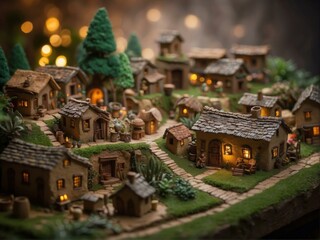 Poster - A beautiful miniature village with thatched roofs and glowing windows. AI.