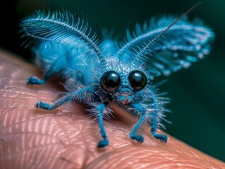 Wall Mural - A stunning close-up of a tiny blue lacewing perched on a finger. AI.