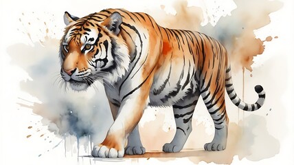 Wall Mural - Tiger Executed in watercolor grace. Standing alone on a white canvas. Accentuated by playful contrast of colors and lively splashing effect