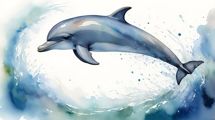 Wall Mural - Dolphin Executed in watercolor grace. Standing alone on a white canvas. Accentuated by playful contrast of colors and lively splashing effect