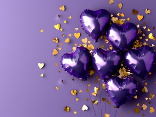 Wall Mural - heart balloons and golden confetti on purple background, perfect for love themed valentine's celebra