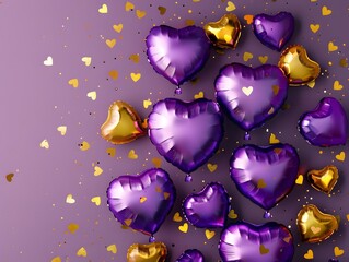 Wall Mural - heart shaped foil balloons and golden confetti on purple background, perfect for love themed valenti