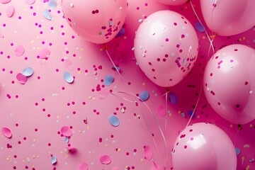 Wall Mural - multiple red and purple heart-shaped balloons with gold confetti on light purple background, ideal f