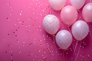 Wall Mural - multiple red and purple heart-shaped balloons with gold confetti on light purple background, ideal f