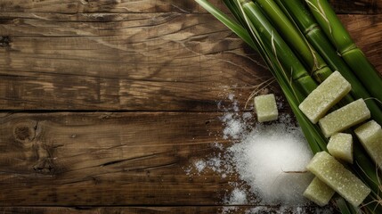 Poster - Fresh white sugar with green sugar cane on wooden surface top view with space for text