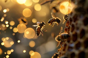 Wall Mural - Honey bees are working hard during golden hour, flying around their honeycomb