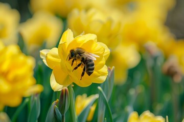 Wall Mural - Honey bee is collecting pollen from a bright yellow tulip in a field of flowers