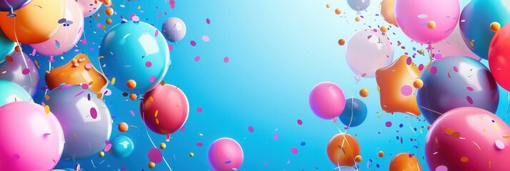 Poster - Colorful balloons in various shapes float against a bright blue background, perfect for parties or selling festive goods. Generative AI