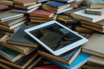 Poster - A white tablet computer rests on a stack of various books, symbolizing the shift towards digital learning and online education. Generative AI