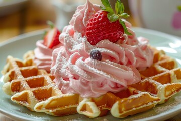 Sticker - Freshly baked waffle is topped with pink cream, fresh strawberries and blueberries