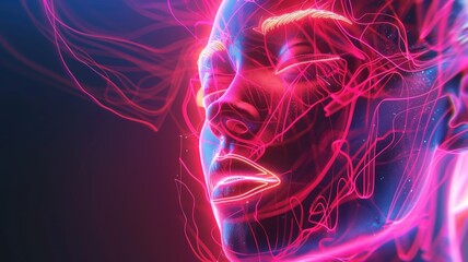 Wall Mural - Neon-lit, futuristic digital art of Asian female face