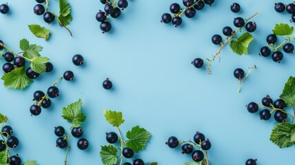 Wall Mural - Fresh black currants scattered with leaves on light blue background