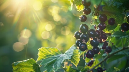 Wall Mural - Sunlit bunch of blackcurrants hanging from bush in green leafy garden