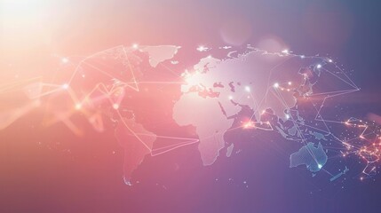 Poster - A minimalist world map with highlighted routes on a pink and purple gradient background. Generative AI