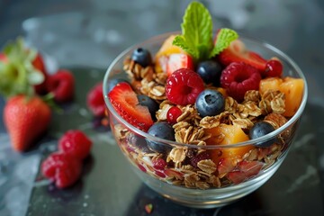 Sticker - Glass bowl overflowing with delicious muesli and fresh fruit, perfect for a healthy breakfast