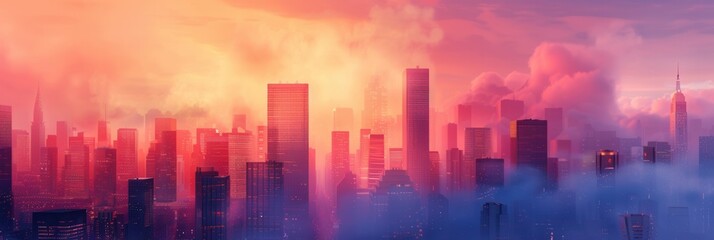 Aufkleber - A stunning cityscape at sunset, featuring tall skyscrapers silhouetted against a dramatic sky filled with vibrant colors. Generative AI