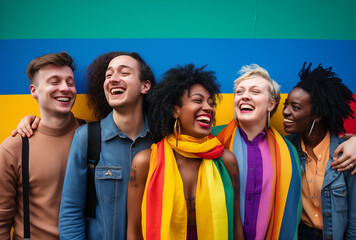 A group of LGBTQ+ friends celebrating pride, dressed in colorful attire and smiling joyfully against a vibrant background