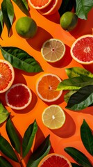 Wall Mural - Top view of assorted citrus fruits and leaves on vibrant orange background. Fresh and colorful summer concept