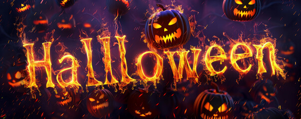 Wall Mural - Halloween banner with glowing halloween fire text and spooky scarey pumpkins