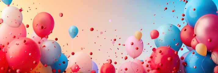 Poster - A cheerful background with colorful balloons of various shapes. Perfect for companies organizing parties or selling festive goods. Generative AI