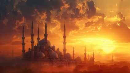 Wall Mural - Mosque Silhouette Against Dramatic Sunset Sky