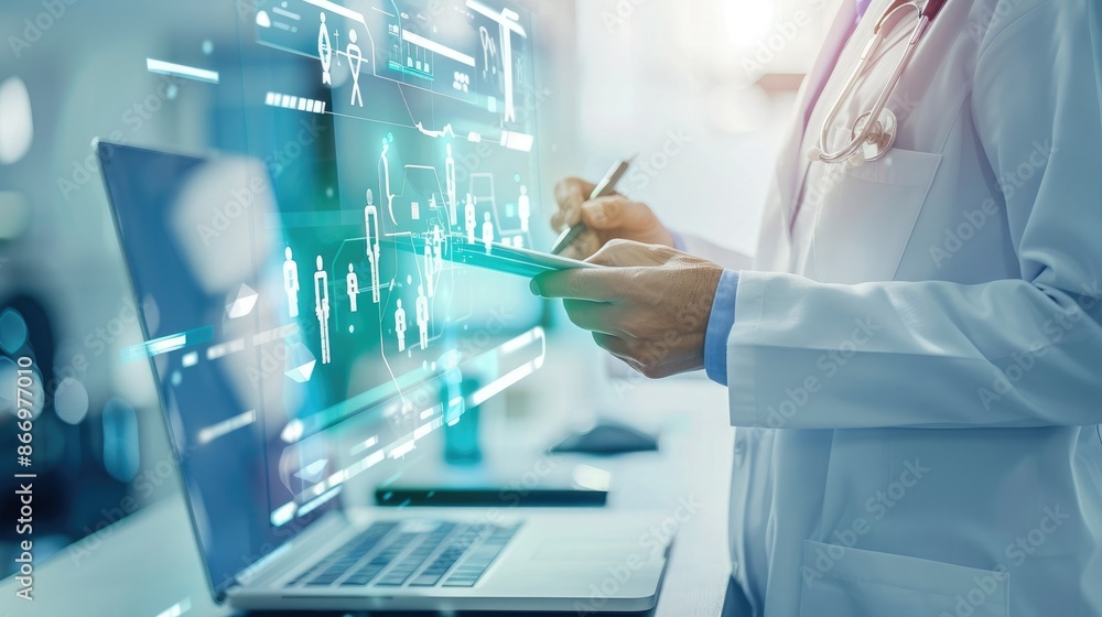 Doctor using digital tablet for patient healthcare data analysis and ...