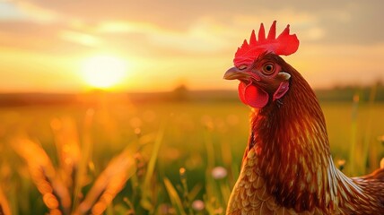 Wall Mural - chicken in field at sunset