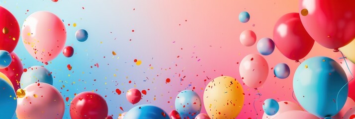 Poster - A vibrant and cheerful image featuring colorful balloons, confetti, and a pastel gradient background, perfect for celebrating a special event. Generative AI