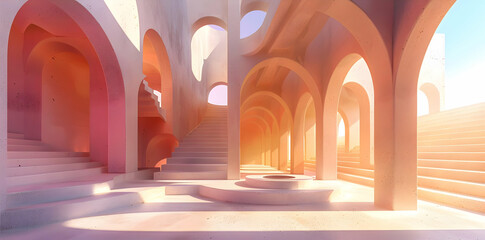 3D Render of a Pink and White Architectural Structure with Arched Passageways and Stairs