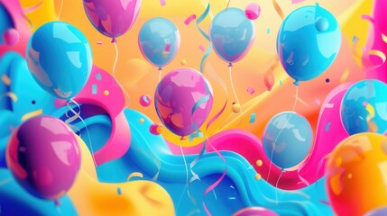 Poster - A vibrant background with colorful balloons floating above a festive event, perfect for companies organizing parties or selling festive goods. Generative AI