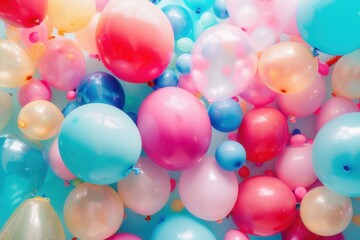 Poster - A close-up shot of colorful balloons decorating a festive event. The balloons are in various shapes and sizes, creating a cheerful and celebratory atmosphere. Generative AI
