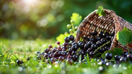 Wall Mural - Spilled basket of black grapes on grass with sunlit background